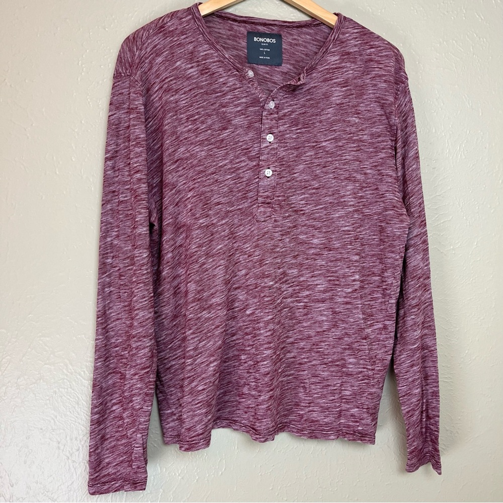 BONOBOS Mens Slim Fit Long Sleeve Tee Button Details Size L
